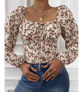 Floral Print Tie Front Shirring  tail Top