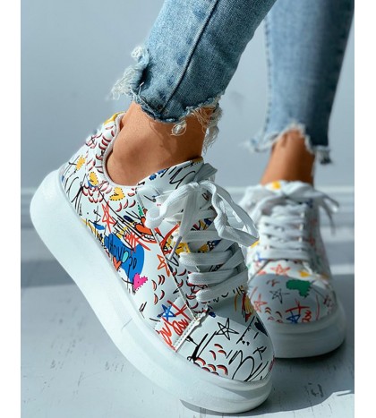 Doodle Print Eyelet Lace up Muffin Sneaker