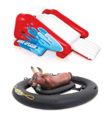 Intex Inflatable Pool Water Slide, Red & Intex Inflatabull Bull-Riding Float