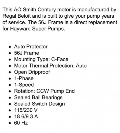 Hayward Super Pump 1 1/2 HP Swimming Pool Spa Pump Replacement Motor -  UST1152.