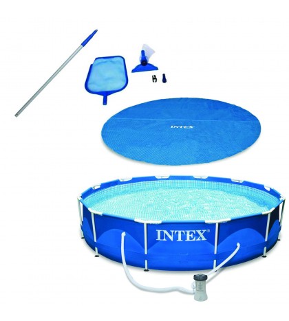 Bundle 12-Foot Pool Cover Tarp, Cleaning Pool Kit, & Above Ground Swimming Pool