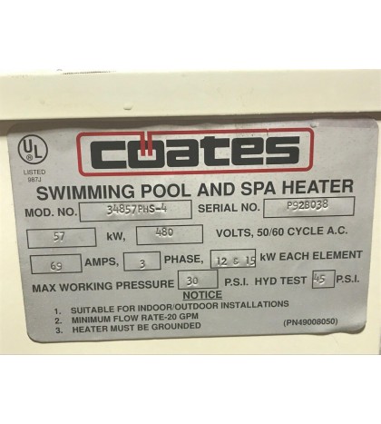 Coates 34857PHS-4 PHS Series Swimming Pool Spa Heater 57kW 480V 96AMPS 3 phase
