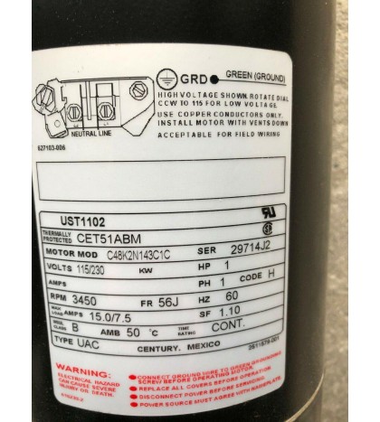 Century 1 HP UST1102 Hayward Super Pump Motor C-Face Round Flange