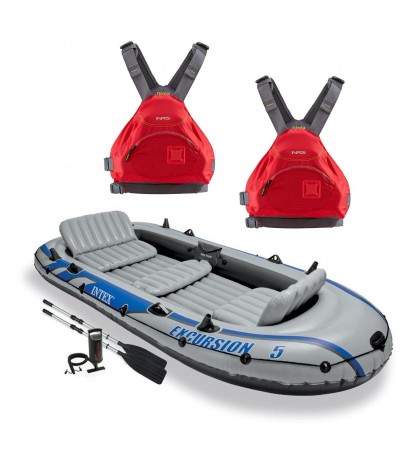 Intex Excursion 5 Person Inflatable Raft, 2 Oars & 2 Red Life Jackets, Large XL