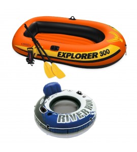 Intex Compact Inflatable Fishing 3 Person Raft with Pump & Oars & 1 Person Tube
