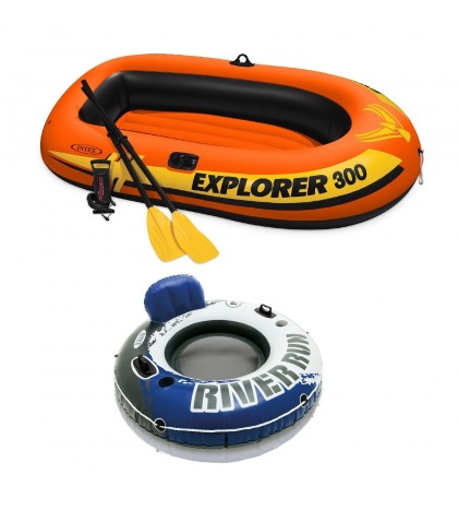 Intex Compact Inflatable Fishing 3 Person Raft with Pump & Oars & 1 Person Tube