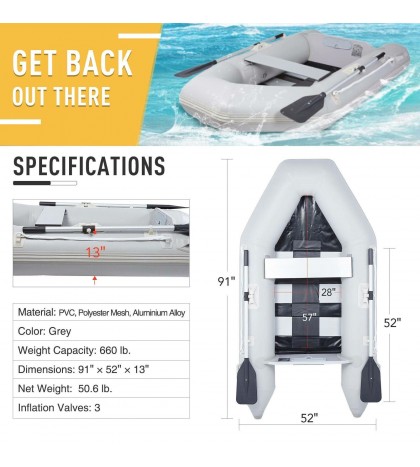 7.5FT PVC Inflatable Boat Raft Tender w/ Oar Aluminum Floor for Fishing