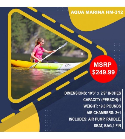Aqua Marina HM-312 1 Person Inflatable PVC Kayak, BRAND NEW SEALED!!