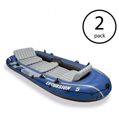 Intex Excursion 5 Person Inflatable Boat Set w/ 2 Oars, Air Pump & Bag (2 Pack)