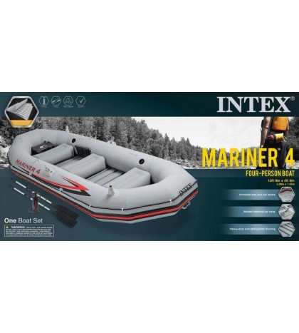 Intex Mariner 4 Person Inflatable Boat Set with Aluminum Oars and Pump