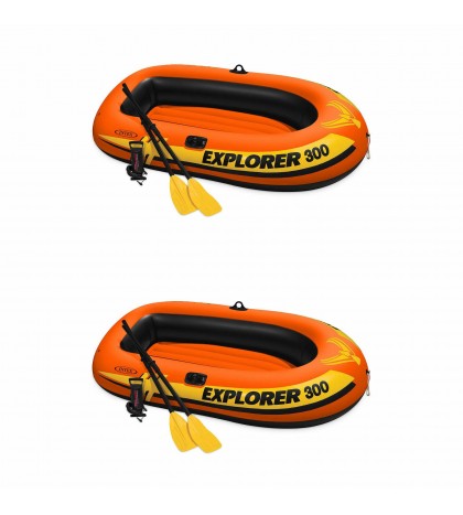 Intex Explorer 300 Compact Fishing 3 Person Raft Boat w/ Pump & Oars (2 Pack)