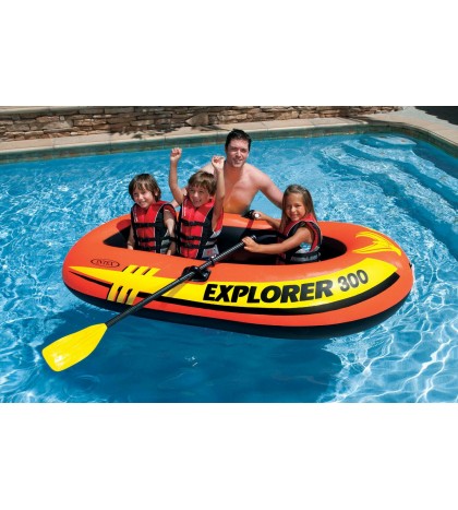 Intex Explorer 300 Compact Fishing 3 Person Raft Boat w/ Pump & Oars (2 Pack)
