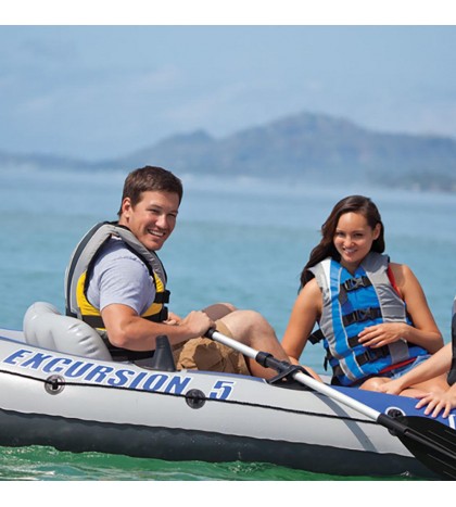 Intex Excursion Inflatable 5 Person Water Fishing River Boat Raft Set with Oars