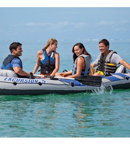 Intex Excursion Inflatable 5 Person Water Fishing River Boat Raft Set with Oars