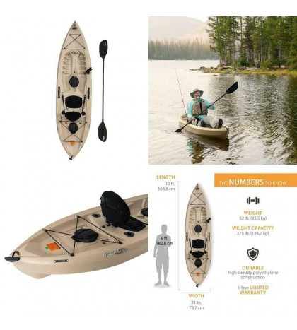 10 ft Fishing Kayak w Paddle Sit On Top Padded Seat Storage Pole Rod Flat Bungee