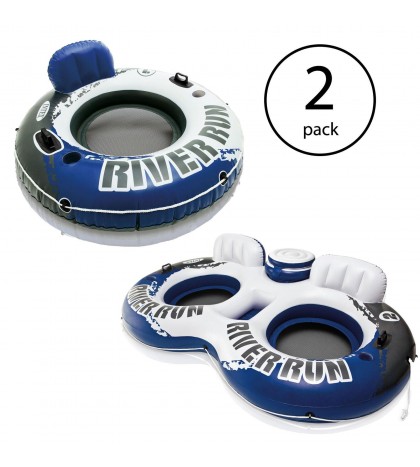 Intex River Run Inflatable 1 + 2 Person Floating Lake Tube Water Raft (2 Pack)