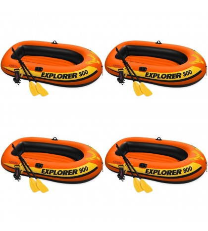 Intex Explorer 300 Compact Inflatable 3 Person Raft Boat w/ Pump & Oars (4 Pack)