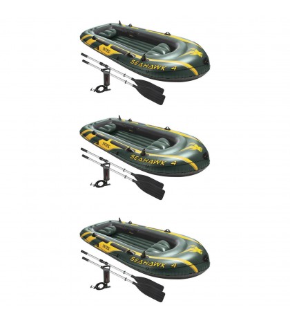 Intex Seahawk 4 Inflatable 4 Person Boat Raft Set with Oars & Air Pump (3 Pack)