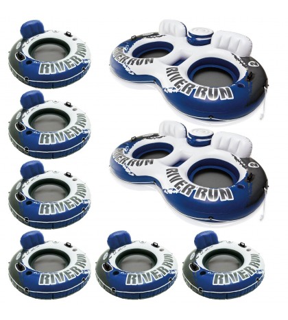 Intex River Run II Inflatable 2 Person Float (2 Pack) & 1 Rider Floats (6 Pack)