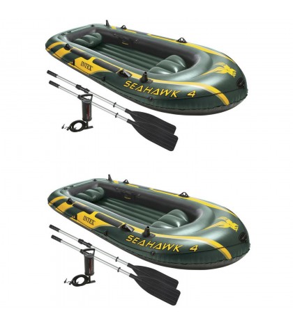Intex Seahawk 4 Inflatable 4 Person Boat Raft Set with Oars & Air Pump (2 Pack)