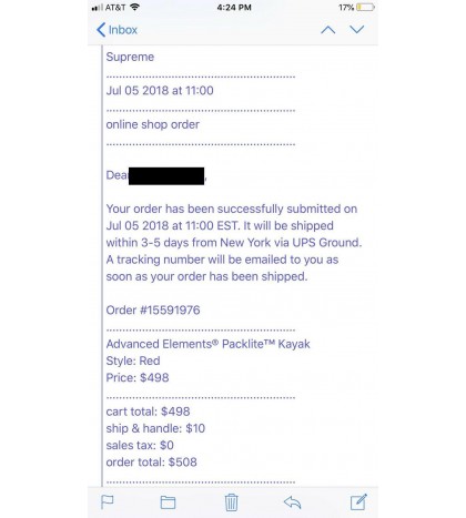 Supreme Advanced Elements Packlite Kayak Red SS18 Brand New NIB W/ Email