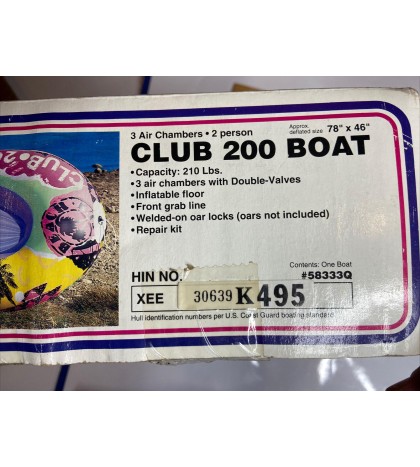 1994 INTEX The Wet Set Club 200 Inflatable Boat 3 Air Chambers 78x46 2 Person