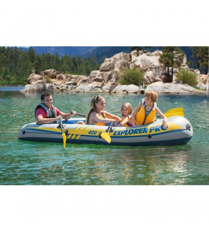 Inflatable Explorer Pro 400 Four-Person Boat with Oars and Pump