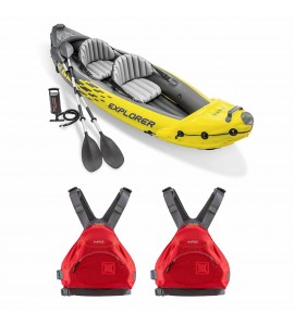 Intex Explorer Inflatable Kayak w/ Air Pump & Large XL Life Jacket, Red (2 Pack)