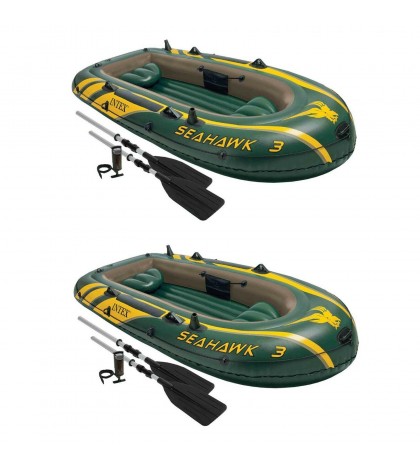 Intex Seahawk 3 Person Inflatable Boat Set with Aluminum Oars & Pump (2 Pack)