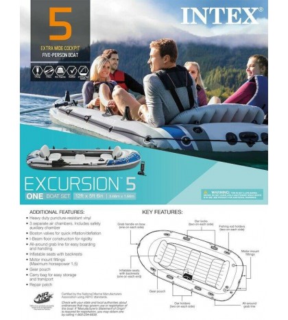 Intex Excursion 5 Person Inflatable Rafting & Fishing Boat with 2 Oars & Pump