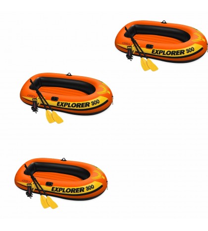 Intex Explorer 300 Inflatable Fishing 3 Person Raft Boat w/ Pump & Oars (3 Pack)