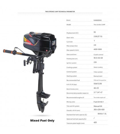 3.6 HP 2 Stroke Outboard Motor Fishing Boat Engine w/ Water Cooling CDI System
