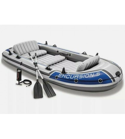 Intex Excursion 5 Person Inflatable Fishing Boat Set with 2 Oars, Air Pump & Bag