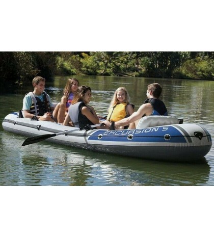 Intex Excursion 5 Person Inflatable Fishing Boat Set with 2 Oars, Air Pump & Bag