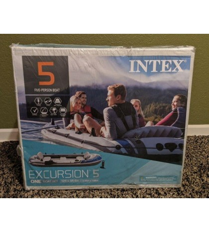 Intex Excursion 5 Person Inflatable Fishing Boat Set with 2 Oars, Air Pump & Bag