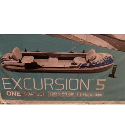 Intex Excursion 5 Person Inflatable Fishing Boat Set with 2 Oars, Air Pump & Bag