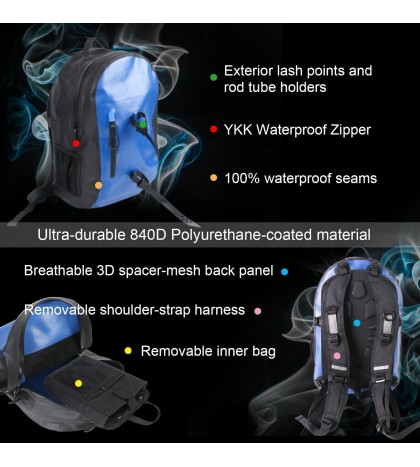 100% Waterproof 25L Weather-Avid Fishing backpack Polyurethane-coated Material