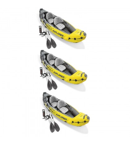 Intex Explorer K2 2 Person Inflatable Kayak Set and Air Pump, Yellow (3 Pack)