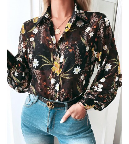 Floral Print L tern Sleeve Button Front Shirt