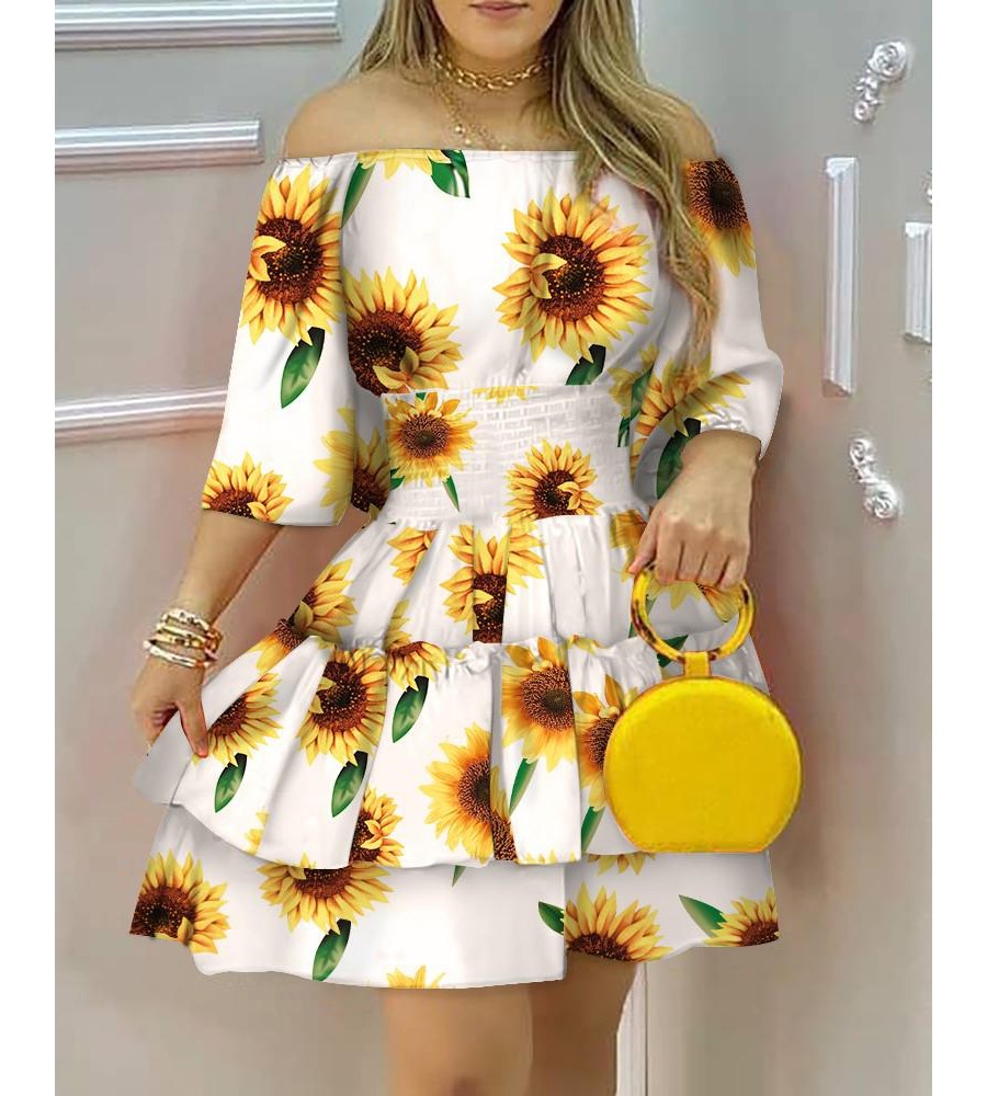 Sunflower Print Off Shoulder Ruched Casual Dress