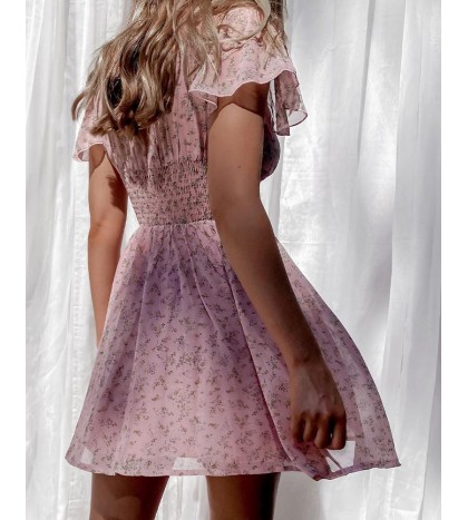 Floral Print Skinn  Waist Ruffle Hem Short Sleeve Mini Dress