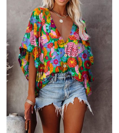 Multicolor Flowers Print Half Sleeve Loose Button up Blouse