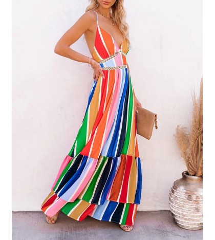 Rainbow Colorblock Strap Maxi A line Dress