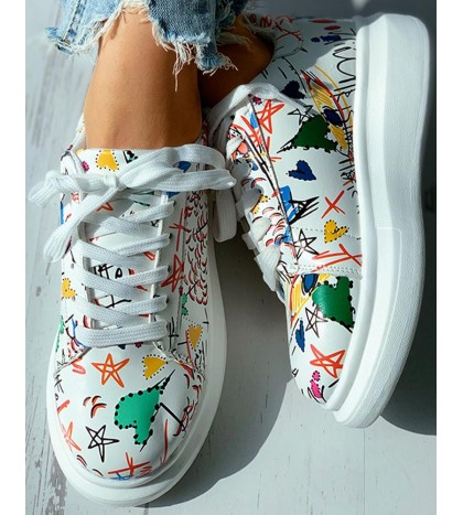 Doodle Print Eyelet Lace up Muffin Sneaker
