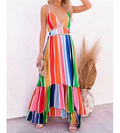 Rainbow Colorblock Strap Maxi A line Dress