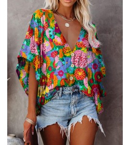 Multicolor Flowers Print Half Sleeve Loose Button up Blouse