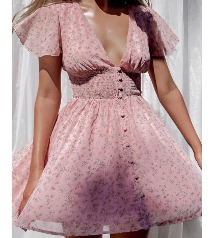 Floral Print Skinn  Waist Ruffle Hem Short Sleeve Mini Dress