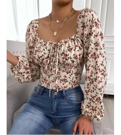Floral Print Tie Front Shirring  tail Top