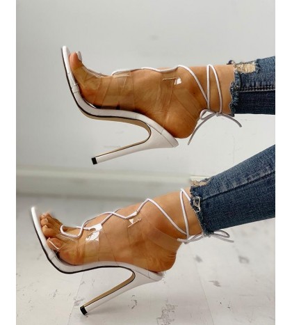 Transparent Strap Lace-Up Thin Heeled S als