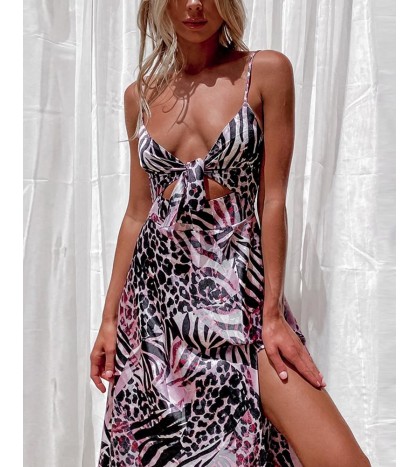 Leopard Strapp  Loose Long Slit Dress